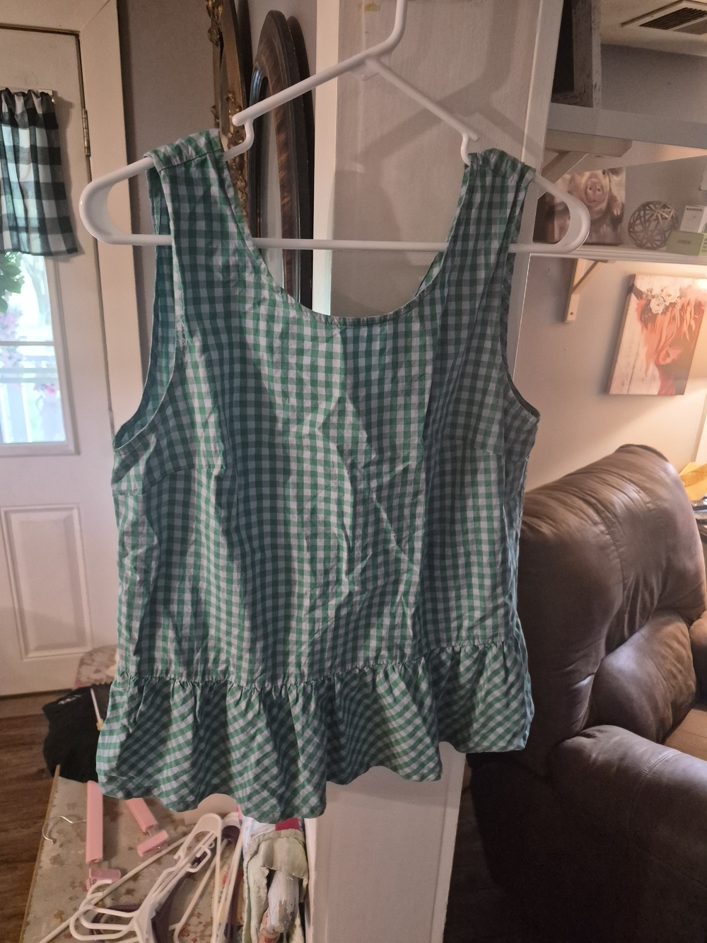 green and white gingham peplum tank top appears to be a J.Crew Printed Bow-Back